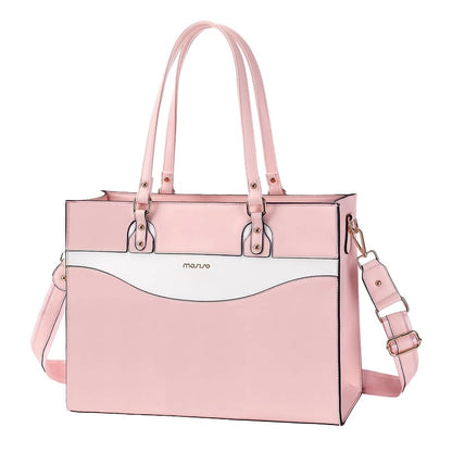 MOSISO Curved Color Block Faux Leather Work Tote, Multi-Pocket Laptop Tote with Adjustable Crossbody Strap Fits 15.6 Inch Laptops for Teacher Office College Women