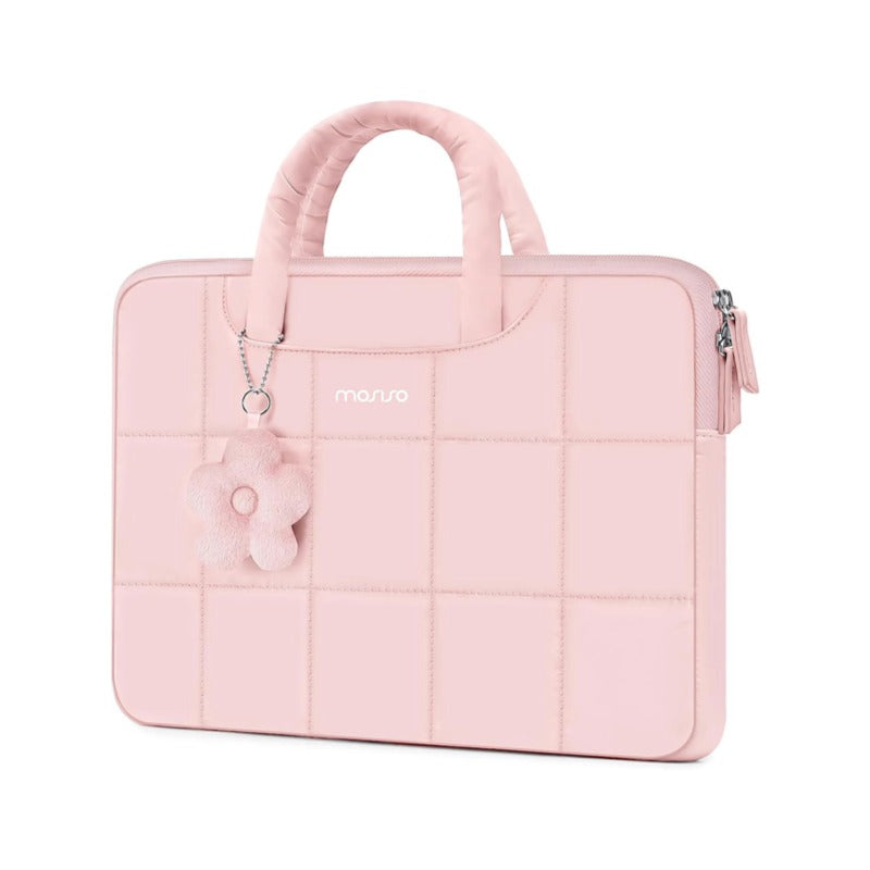 MOSISO Grid Quilted Puffy Laptop Sleeve with Padded Handle & Flower Charm, Shockproof Waterproof, Fits 13.3–16 Inch MacBook HP Dell ASUS Lenovo Notebook
