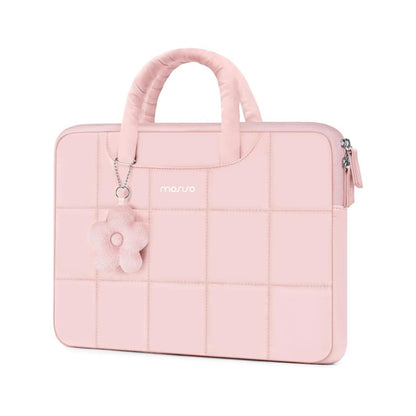 MOSISO Grid Quilted Puffy Laptop Sleeve with Padded Handle & Flower Charm, Shockproof Waterproof, Fits 13.3–16 Inch MacBook HP Dell ASUS Lenovo Notebook