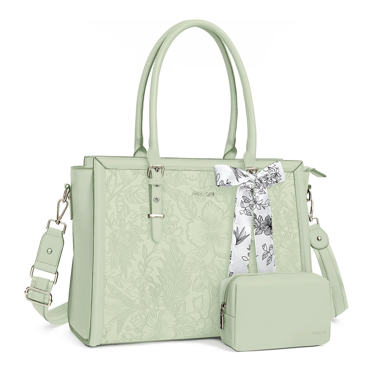 MOSISO Retro Embossed Hibiscus PU Laptop Tote Bag for Women, Multi-Way Work Briefcase with Silk Scarf & Matching Clutch Fits 16/17.3 Inch Notebooks