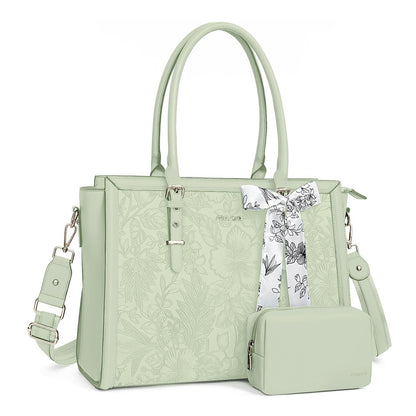 MOSISO Retro Embossed Hibiscus PU Laptop Tote Bag for Women, Multi-Way Work Briefcase with Silk Scarf & Matching Clutch Fits 16/17.3 Inch Notebooks