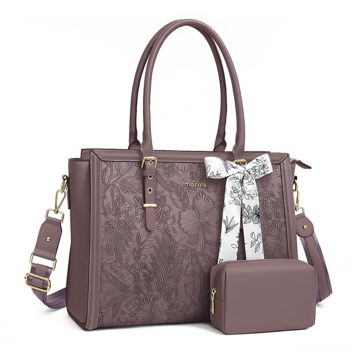 MOSISO Retro Embossed Hibiscus PU Laptop Tote Bag for Women, Multi-Way Work Briefcase with Silk Scarf & Matching Clutch Fits 16/17.3 Inch Notebooks